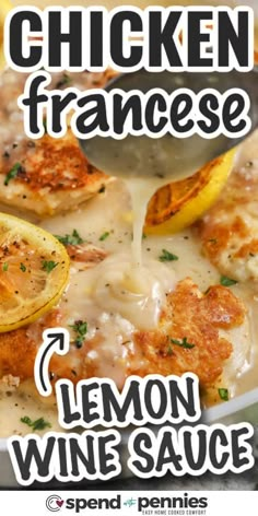 chickenfrance with lemon and wine sauce in a white bowl