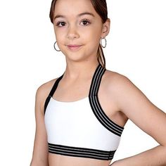 Brand New Racerback Style Girls' Sports Bra. Soft Cotton Material. Comfy For Sports Training For Your Little Girl! 95% Cotton 5% Spandex White Tops For School Sports Season, White Tops For School And Sports Season, Stretch Sports Bra For Workout, Sporty Tops For School Sports Season, Breathable White Racerback Top, White Breathable Racerback Top, White Racerback Activewear For Sports, Stretch Sporty Tops For Cheerleading, Sporty Stretch Tops For Cheerleading