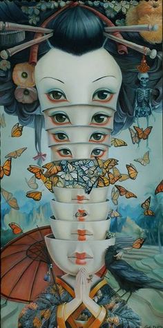 an image of a woman's face with many butterflies on her head and eyes