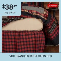 a bed with plaid sheets and pillows on it for $ 38 99 reg $ 100 00