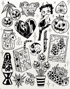 an ink drawing of halloween decorations and pumpkins