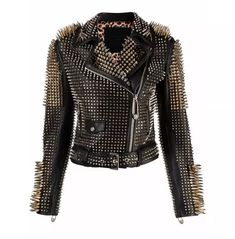 Introducing the Women's Black Punk Studded Brando Biker Leather Jacket - a rebellious blend of edgy style and timeless elegance. This jacket is designed for women who want to make a bold fashion statement while exuding confidence and attitude. Crafted with meticulous attention to detail, this jacket is a true testament to the artistry of leather craftsmanship. Made from high-quality leather spikes, this jacket boasts a durability that will withstand the test of time. The spikes add a touch of punk-inspired flair, giving you an edgy and distinctive look that sets you apart from the crowd. The black color enhances the jacket's versatility, making it easy to pair with any outfit for any occasion. The studded accents on this jacket are strategically placed to create a stunning visual impact. E Shearling Coat Womens, Mens Leather Blazer, Leather Trench Coat Woman, Mens Leather Shirt, Leather Shorts Women, Women Leather Vest, Leather Blazer Women, Suede Jacket Women, Leather Jackets Online