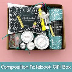 the composition notebook gift box is packed with personal items