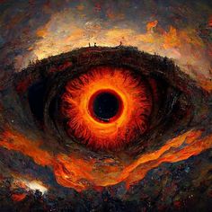 an eyeball is shown in the center of a painting with red and orange colors