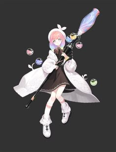 an anime character holding a baseball bat in her hand and wearing white clothes with black shoes