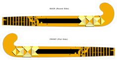 two yellow skis with black and white designs on them, one in the shape of an arrow