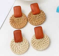 Wooden woven earrings in cream/Tan & beige/Tan  natural look Bohemian Brown Round Earrings, Brown Bohemian Round Earrings, Bohemian Beige Earrings For Vacation, Beige Bohemian Earrings For Vacation, Bohemian Woven Earrings For Vacation, Summer Bohemian Brown Earrings, Bohemian Beige Earrings For Beach, Beige Woven Jewelry For Vacation, Trendy Adjustable Beige Earrings