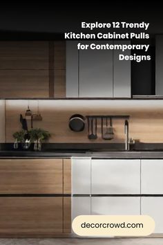 Modern kitchen with sleek white cabinets and black countertop featuring trendy cabinet pulls, with utensils and plants as decor. Kitchen Cabinet Pulls