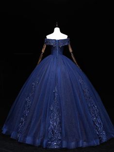 Royal Blue Ball Gown For Quinceanera During Prom Season, Blue Tulle Quinceanera Dress For Banquet, Blue Sweep Train Gown For Quinceanera, Blue Gown For Quinceanera During Prom Season, Blue Ball Gown With Sweep Train For Debutante Ball, Blue Embellished Ball Gown Evening Dress, Blue Tulle Gown For Quinceanera, Blue Embellished Ball Gown With Fitted Bodice, Royal Blue Ball Gown For Quinceanera And Prom Season