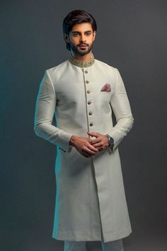 Golden Mens Sherwani Pakistani Designer Dress Pakistani Wedding Look, Sherwani Pakistani, Pakistani Designer Dress, Ivory Sherwani, Engagement Suits, White Churidar, Traditional Accessories, Groom Dress Men, Sherwani Groom