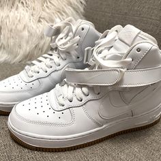 Worn One Time, Like Brand New. Eur 40 Dh1058-100 White Ankle-high High-top Sneakers With Laces, White Ankle-high High-top Sneakers, White Synthetic Basketball Shoes With Gum Sole, Nike Custom White High-top Sneakers, White Nike High-top Sneakers, Nike Air Force 1 White With Gum Sole, White High-top Nike Air Force 1 With Cushioned Footbed, White Mid-top Nike Air Force 1, White High-top Nike Air Force 1