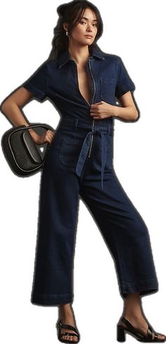 Chic Dark Wash Jumpsuits And Rompers With Pockets, Chic Dark Wash Overall Jumpsuit, Chic Dark Wash Denim Jumpsuit, Chic Dark Wash Overall Jumpsuits And Rompers, Chic Dark Wash Denim Overall Jumpsuit, Chic Denim Blue Jumpsuits And Rompers With Pockets, Chic Spring Jumpsuits And Rompers With Zipper, Chic Fitted Denim Jumpsuit For Fall, Dark Wash Fitted Wide Leg Jumpsuit