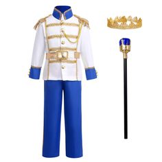 PRICES MAY VARY. Polyester Snap closure 🧡🧡【Boys Prince Charming Costume】Prince charming costume boys kids Medieval royal prince outfit fancy prince dress up costume with accessories set for toddler kids boys Halloween Carnival Christmas birthday party cosplay. 4PCS / 5PCS / 6PCS / 7PCS toddler kids king dress-up set, come with long sleeve jacket shirt with gold trim, long pants, gold belt, king crown, robe cloak cape, truncheon, shoe covers. Complete Prince Charming child costume for kids' Hal King And Queen Costume For Kids, King Triton Costume Kids, Royal Prince Outfit, Prince Outfit Design, Prince Dress Up, Prince Outfit, Prince Charming Costume, King Dress, Up Halloween Costumes