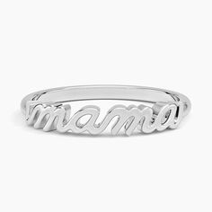 Mama Ring - 14K White Gold. The perfect gift to celebrate the incredible mom in your life, this lustrous ring features the word 'mama' written in beautiful script. Elegant Personalized White Rings, Silver Ring For Formal Occasions And Mother's Day, Silver Ring For Formal Occasions On Mother's Day, Silver Engraved Ring For Mother's Day, Silver Rings With Name Engraving, White Gold Promise Ring For Mother's Day, Elegant Rings For Mother's Day, Classic Silver Rings With Names, Mother's Day White Gold Jewelry With Names