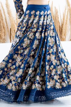 Blue kalidaar skirt with thread and beads embroidery in flora and fauna motifs. Paired with an embroidered crop top. - Aza Fashions Luxury Traditional Skirt With Floral Embroidery, Bohemian Lehenga With Floral Embroidery, Traditional Floral Embroidered Long Skirt Set, Traditional Multicolor Embroidered Skirt, Festive Semi-stitched Cutdana Skirt Set, Navratri Resham Embroidered Floor-length Skirt Set, Embroidered Crop Tops, Embroidered Skirt, Flora And Fauna