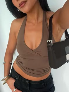 ⚡Buy 2024 Ruched Plunge Halter Top Black S under $15.00 in Tops&Tees at AnotherChill.com Online. Style: Street/Y2K/Sexy/Sweet/Punk/Hip Pop. Fabric Content: Polyester, Spandex. Fit Type: Slim fit. Neckline: Halter Neck. Sleeve Length: Sleeveless. ✓2024 S/S OUTFITS. Check reviews and buy Ruched Plunge Halter Top today. New Style Tops For Women, Dress For College, Halter Top Outfits, Camisole Outfit, Soccer Fashion, Summer 2024 Trends, Backless Halter Top, Street Y2k, Womens Halter Tops