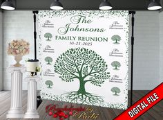 the family reunion banner is displayed in front of a white brick wall with flowers and candles