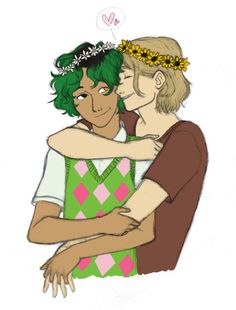 two people are hugging each other while one is wearing a tiara and the other has green hair