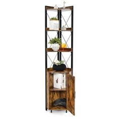 a tall wooden shelf with plants and books on it's sides, against a white background