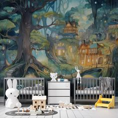 a child's room with a large mural on the wall