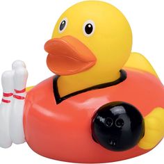 a rubber ducky with a bowling ball and skis on it's back