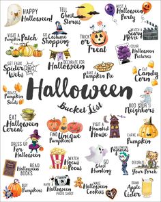 a halloween poster with words and pictures on it