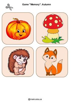 four square pictures with different animals and pumpkins on the top one has an orange mushroom,