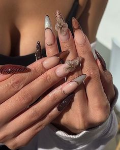 Vacation Nail Set, Ethereal Nails Acrylic Almond, Fall Nails Baddie, Brown Almond Acrylic Nails, Newjeans Nails, Almond Birthday Nails, Vogue Nails, Manicured Nails, Her Nails