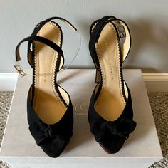 Like New Charlotte Olympia Heels, Black Open Toe Evening Court Shoes, Black Closed Toe Heels For Events, Black Almond Toe Heels For Gala, Black Heels With 4-inch Heel For Gala, Black Heels With Heel Strap For Gala, Black 4-inch Heel Heels For Gala, Black Evening Court Shoes With Heel Strap, Charlotte Olympia Shoes