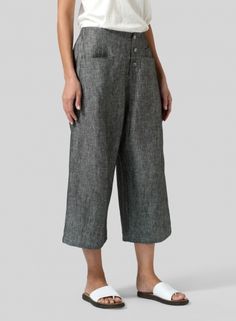 Linen Wide Leg Crop Pants Versatile Wide Leg Pants For Business Casual With Pockets, Wide Leg Bottoms With Patch Pockets, Chic Tapered Leg Pants With Patch Pockets, Relaxed Trousers With Pockets, Relaxed Workwear Bottoms With Pockets, Versatile Loungewear Bottoms With Pockets, Versatile Straight Pants With Hip Pockets, Chic Relaxed Fit Bottoms With Patch Pockets, Chic Bottoms With Tapered Leg And Pockets