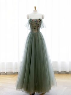 A-Line Green Tulle Long Prom Dress, Off the Shoulder Evening Party Dress Green A-line Prom Evening Dress, Green A-line Evening Dress For Prom, Green Organza Evening Dress For Prom, A-line Organza Gown For Banquet, Green Tulle Evening Dress, Green Organza Evening Dress For Banquet, Green A-line Tulle Dress, Green Organza Ball Gown Evening Dress, Floor-length Organza Bridesmaid Evening Dress