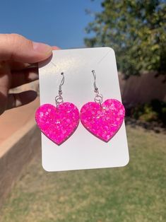 Neon Pink Iridescent Glitter Heart Earrings Handmade Kawaii - Etsy Jewelry Kawaii, Hot Pink Earrings, Scene Goth, Novelty Earrings, Pink Iridescent, Statement Accessories, Glitter Hearts, Pink Earrings, Accessories Unique