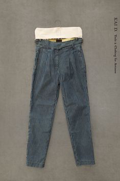 Japanese wabash striped denim washed in medium blue. High waisted pants (based on Isa pants with no pleats and longer inseam). Made in New York. Size S: waist 28" inseam 28" bottom opening 13" Size M: waist 30" inseam 28 1/2" bottom opening 13 1/2" SizeL : waist 32" inseam 28 1/2" bottom opening 14" Blue High Waisted Pants, Striped Denim, Belted Pants, Linen Jacket, Indigo Dye, Work Jackets, High Waisted Pants, Denim Wash, Medium Blue