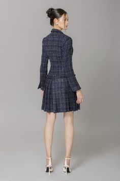 Crafted with high-quality tweed, this dress showcases a timeless A-line silhouette and a double-breasted front for a sophisticated touch. Perfect for any occasion, this dress exudes elegance and exclusivity. Padded Hangers, Tweed Fabric, Knee Dress, Above The Knee, Ruffle Trim, Business Casual Outfits, Pleated Dress, Lookbook Outfits, Designer Collection