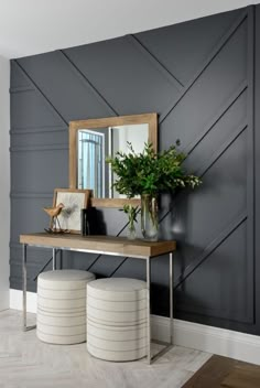 a table with two stools and a mirror on the wall above it in a room