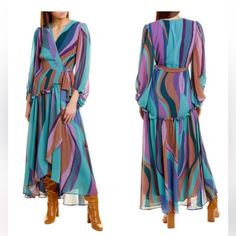 Multi-Colored And Vibrant Maxi Dress! Wrap Style And Flowy! Size Small And Only Worn Once! Purple V-neck Maxi Dress For Fall, Flowy Purple Maxi Dress For Fall, Chic Flowy Purple Midi Dress, Purple Flowy Long Sleeve Midi Dress, Purple Long Sleeve Flowy Midi Dress, Chic Purple Flowy Midi Dress, Purple Flowy Long Sleeve Maxi Dress, Groovy Pattern, Dress Wrap