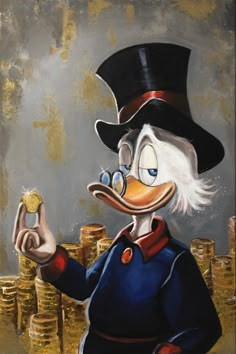 a painting of a duck wearing a top hat and holding a coin in front of stacks of gold coins