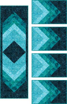 four blue and black quilts with different designs on the sides, including one in the center