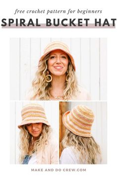 the free crochet pattern for beginners spiral bucket hat is shown in three different pictures