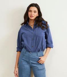 Elise Shirt in Yale Blue. Oversized button up ideal for layering. 100% heavyweight Cotton shirting, featuring front and cuff buttons and front pocket. Made in NYC. Oversized Washed Blue Shirt With Pockets, Blue Shirt With Roll-up Sleeves For Everyday, Blue Shirt With Roll-up Sleeves, Classic Cotton Blouse With Buttoned Pockets, Oversized Blue Shirt With Rolled Sleeves, Cotton Shirt With Rolled Sleeves And Shirttail Hem, Cotton Blouse With Roll-up Sleeves For Everyday, Oversized Blue Shirt With Roll-up Sleeves, Cotton Button-up Blouse With Buttoned Pockets