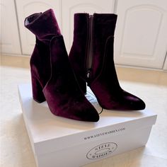 Steve Madden Pointed-Toe Block Heel Jaque Booties. 3.25 Inch Block Heel. 6.5 Inch Shaft; Pointed Closed-Toe Booties With Side Zippers. New In Box. Purple Ankle Heeled Boots For Fall, Fall Purple Ankle Heeled Boots, Purple Closed Toe Boots For Fall, Trendy Burgundy Boots For Winter, Fall Purple Closed Toe Boots, Trendy Burgundy Winter Boots, Trendy Ankle-high Burgundy Boots, Burgundy Ankle-high Winter Boots, Burgundy Ankle-high Heeled Boots For Winter