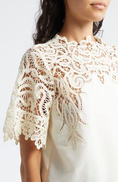 A graceful swirling pattern in guipure lace comprises the yoke and sleeves of this elegant cotton-and-silk top. 22" length (size 8) Back keyhole with button-and-loop closure Jewel neck Short sleeves 70% cotton, 30% silk Dry clean Imported Elegant Formal Tops With Lace Sleeves, Elegant Summer Lace Top In Cotton Lace, Elegant Cotton Lace Top For Summer, Elegant White Crochet Top With Lace Sleeves, Elegant Summer Cotton Lace Top, Elegant Crochet Top With Lace Work For Spring, Elegant White Lace Work Tops, Elegant Cotton Lace Top With Lace Collar, Elegant Cotton Lace Top