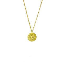 Stop them in their tracks with the arresting gaze of our Medusa necklace. Fashioned in sterling silver or 18K yellow gold, this coin pendant hangs on a fine trace chain. The reverse side features a standing bull with an olive branch at its feet. Wear this unique necklace on its own or layered with others for a relaxed bohemian feel.  The myth of Medusa is characterised by paradox, both in terms of her actual stare, which turned men to stone, and in the interpretations that have been given to it. The fascination that she exerts arises from a combination of beauty and fear. Her head was used, in Ancient times, as an apotropaic mask - a talisman to ward off bad luck and the 'evil eye'. Handmade in London, England. Pendant measures: 14mm Chain length: 18 inches Bolt ring fastening (silver), Lo Sterling Silver Tarnish Resistant Medallion Necklace, Tarnish Resistant Sterling Silver Medallion Necklace, Yellow Gold Medallion Necklace With Adjustable Chain, Yellow Gold Medallion Coin Necklace With Adjustable Chain, Symbolic Medallion Coin Necklace Tarnish Resistant, Tarnish Resistant Sterling Silver Coin Necklace In Yellow Gold, Yellow Gold Amulet Coin Necklace, Symbolic Yellow Gold Coin Pendant Necklace, Amulet Style Yellow Gold Sterling Silver Coin Necklace