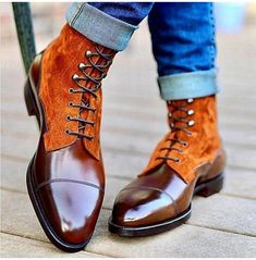 Handmade brown leather and tan suede ankle boots with laceup closure, ankle boots for men Mens Short Boots, High Lace Up Boots, Quality Leather Boots, Branded Shoes, Man Design, Leather Chukka Boots, Gentleman Shoes, Custom Design Shoes, Ankle Boots Men