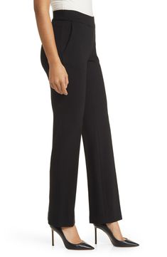 Take on the work week in these stretch-enhanced pants designed with functional pockets. Pull-on style Side pockets 67% viscose, 29% nylon, 4% elastane Dry clean Imported Tailored Work Pants With Pockets, Wide Leg Dress Pants With Side Pockets For Work, Office Dress Pants With Pockets Full Length, Office Dress Pants With Pockets And Full Length, Full Length Office Dress Pants With Pockets, Office Full-length Dress Pants With Pockets, Stretch Solid Color Work Pants For Business Casual, Stretch Solid Work Pants For Business Casual, Versatile Mid-rise Dress Pants For Business Casual