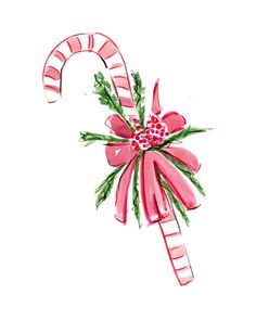 a candy cane with pink flowers and green leaves on it's end, painted in watercolor