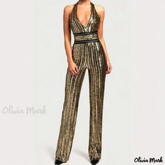 Olivia Mark - Stylish High-Waisted Sequin Jumpsuit with Waist Belt for Party and Leisure Gold Jumpsuits And Rompers For Summer Party, Gold Jumpsuit And Romper For Summer Party, Backless Jumpsuits And Rompers For Party, Sleeveless Jumpsuits And Rompers For Date Night, Elegant Sleeveless Jumpsuits And Rompers For Festive Occasions, Gold Sequined Jumpsuits And Rompers For Party, Glamorous Sleeveless Jumpsuits For Holidays, Gold Party Jumpsuit With Sequins, Fitted High-waist Jumpsuits For Party