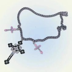 Y2K Rainbow Skull Cross Necklace - Juneptune Gothic Stainless Steel Clavicle Chain Necklace, Pink Alloy Necklace For Party, Pink Alloy Party Necklace, Gothic Cross Pendant Clavicle Chain Necklace, Gothic Clavicle Chain Necklace With Cross Pendant, Gothic Alloy Necklace With Chain Detail, Gothic Alloy Chain Necklace, Trendy Black Charms Jewelry, Trendy Pink Metal Choker