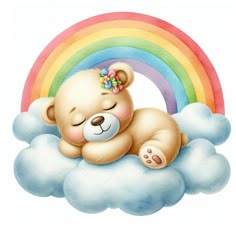 a teddy bear sleeping on top of a cloud with a rainbow in the background