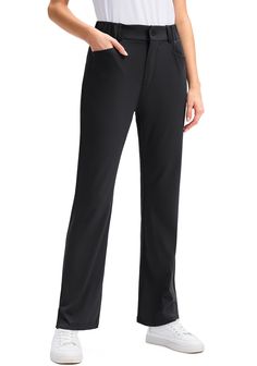 PRICES MAY VARY. 82% Polyester, 18% Elastane Imported Soft & Stretch Fabric: The womens golf pants made from soft, quick drying, 4-way stretch fabrcic wicks moisture away from your skin and provides flexibility for active movement during the golf swing. 5 Funtioanal Pockets: Two convenient drop-in pockets and two back pockets for storing essentials like golf balls or gloves. One secure zippered pocket for storing valuables such as a cell phone or wallet. Sun Protection: UPF50 fabric prevents damaging UV rays from penetrating the golf pants, and full-length golf pants not only protect the skin outside more effectively in any weather, but also elongate the leg line proportion to show leg length. Elastic Waistband: The stretch pants feature a high-waisted design with elastic that provide a cu Black 4-way Stretch Pants For Running, 4-way Stretch Tapered Leg Golf Pants, Black 4-way Stretch Pants For Outdoor Use, Travel Pants Women, Golf Bottoms With Pockets And 4-way Stretch, Black Breathable 4-way Stretch Pants, High Waisted Tights, Tennis Outfit Women, Travel Pants